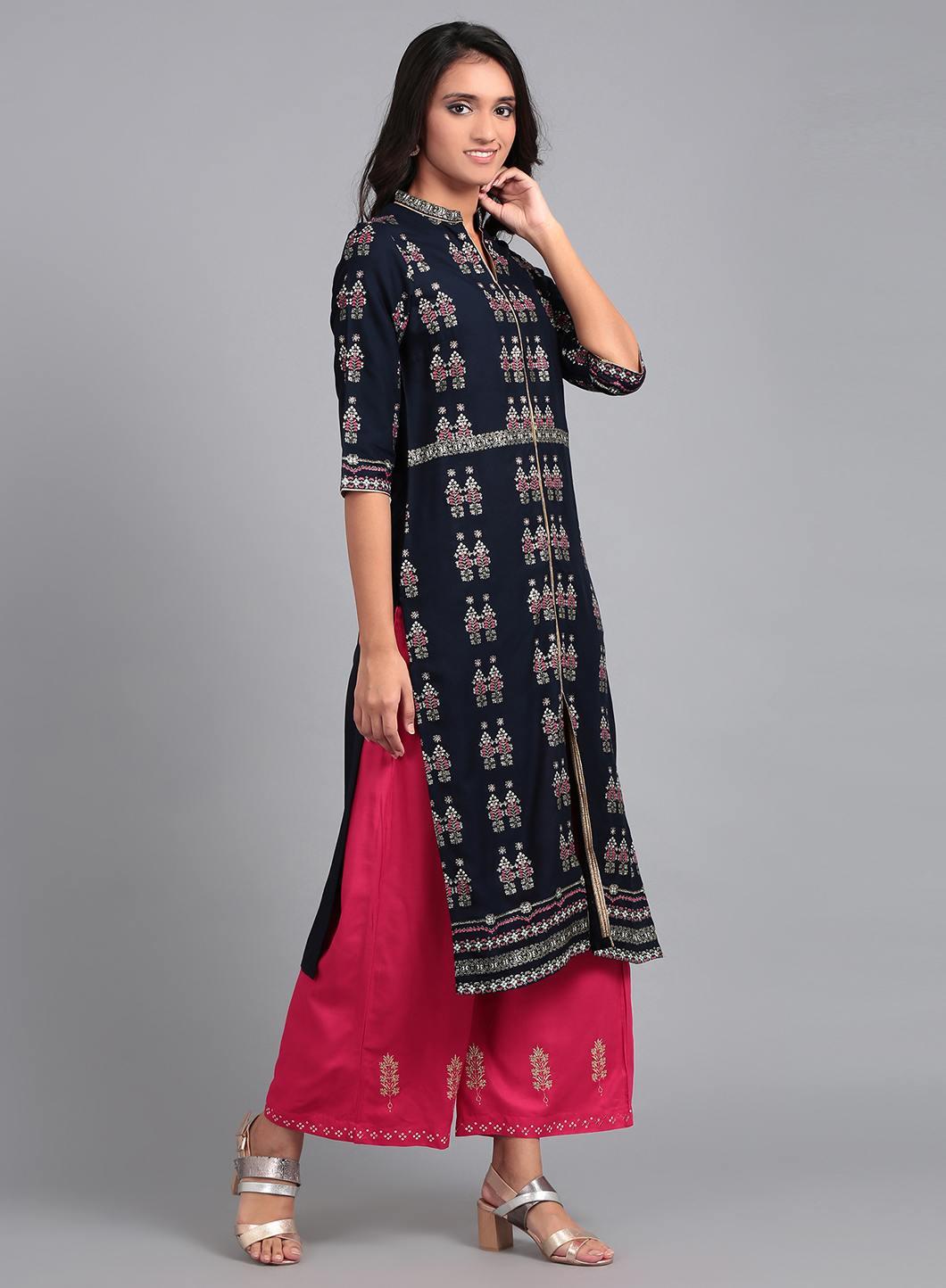 Blue Mandarin Neck Printed kurta - wforwoman