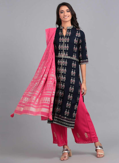 Blue Mandarin Neck Printed kurta - wforwoman