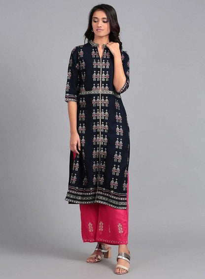 Blue Mandarin Neck Printed kurta - wforwoman