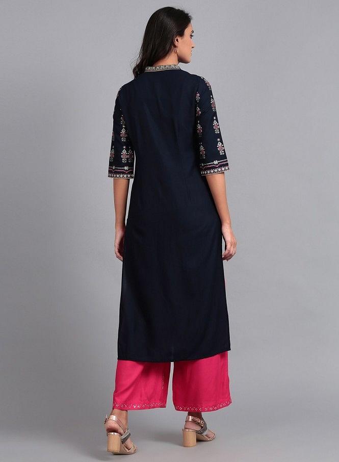 Blue Mandarin Neck Printed kurta - wforwoman