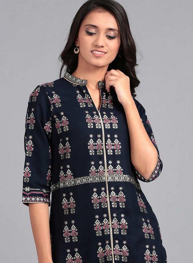 Blue Mandarin Neck Printed kurta - wforwoman