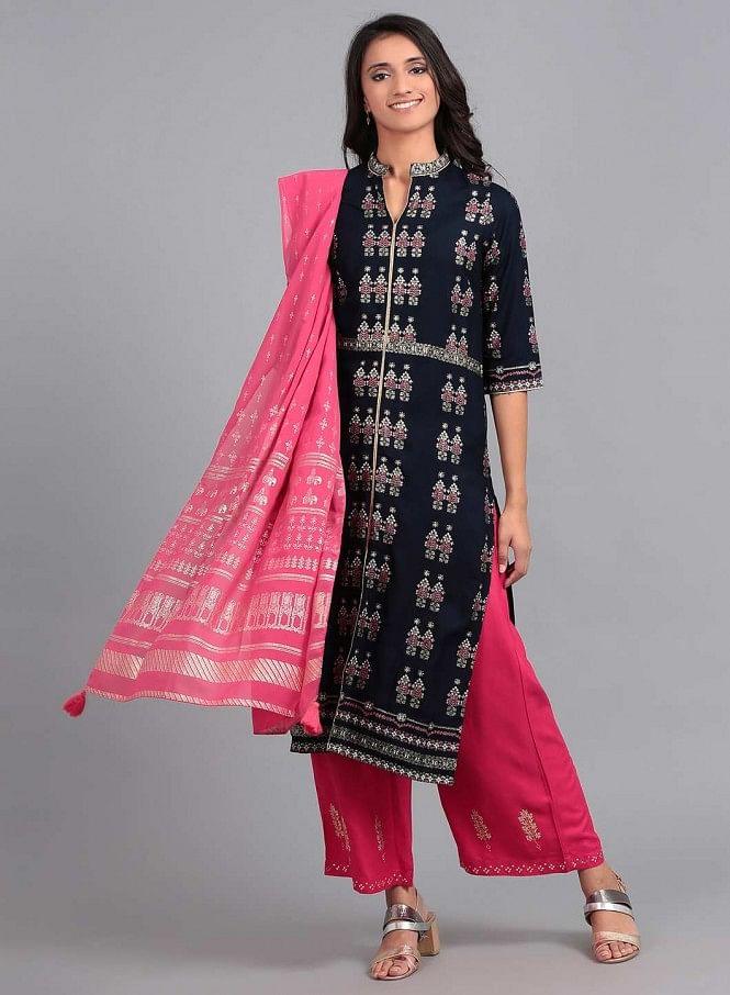 Blue Mandarin Neck Printed kurta - wforwoman