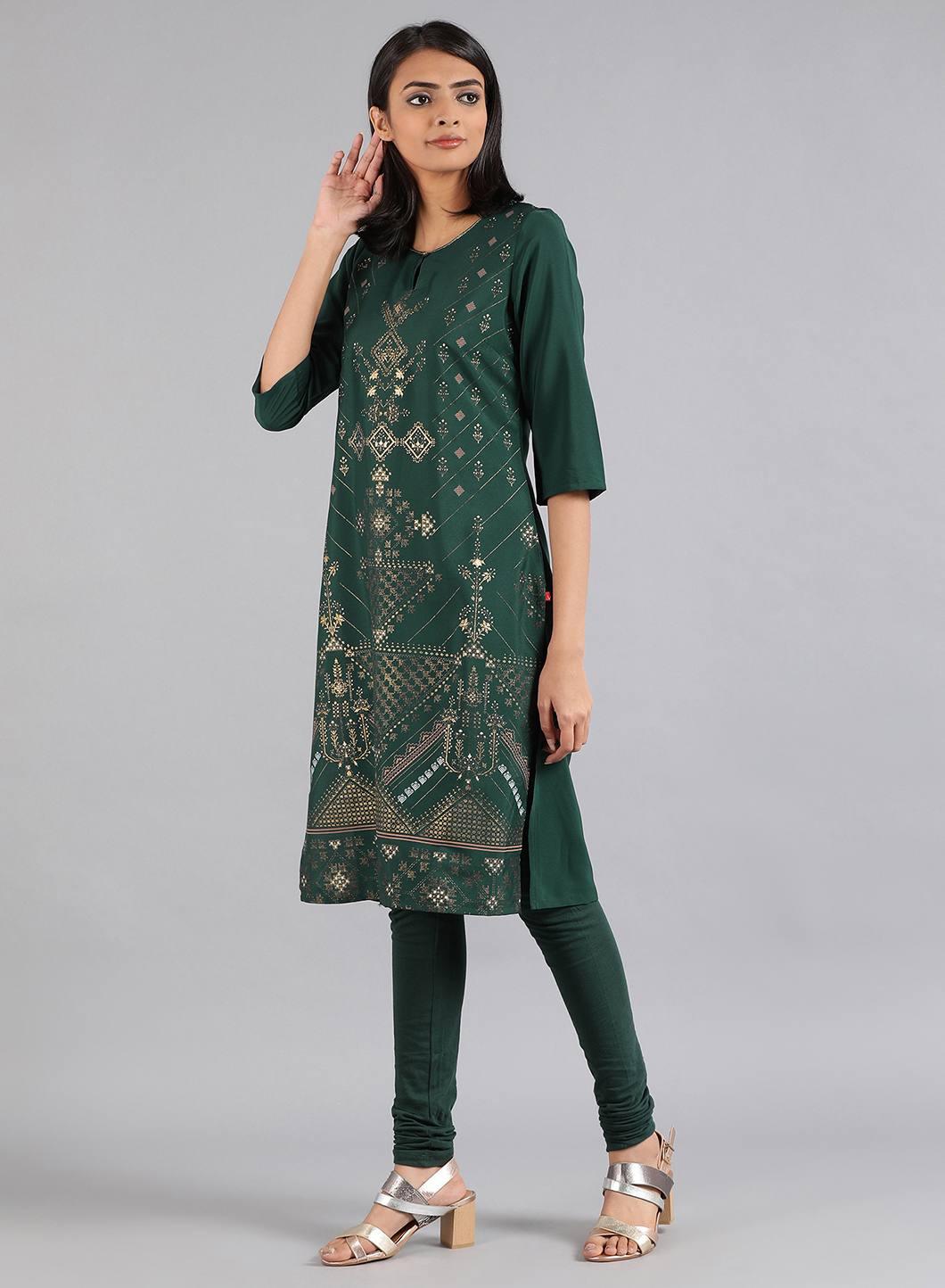 Green Round Neck Printed kurta - wforwoman