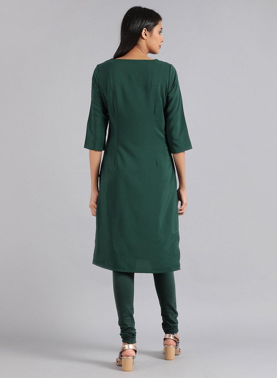 Green Round Neck Printed kurta - wforwoman