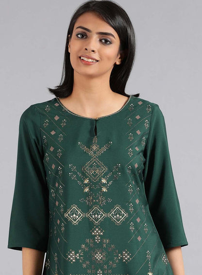 Green Round Neck Printed kurta - wforwoman