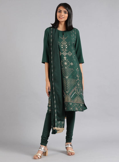 Green Round Neck Printed kurta - wforwoman