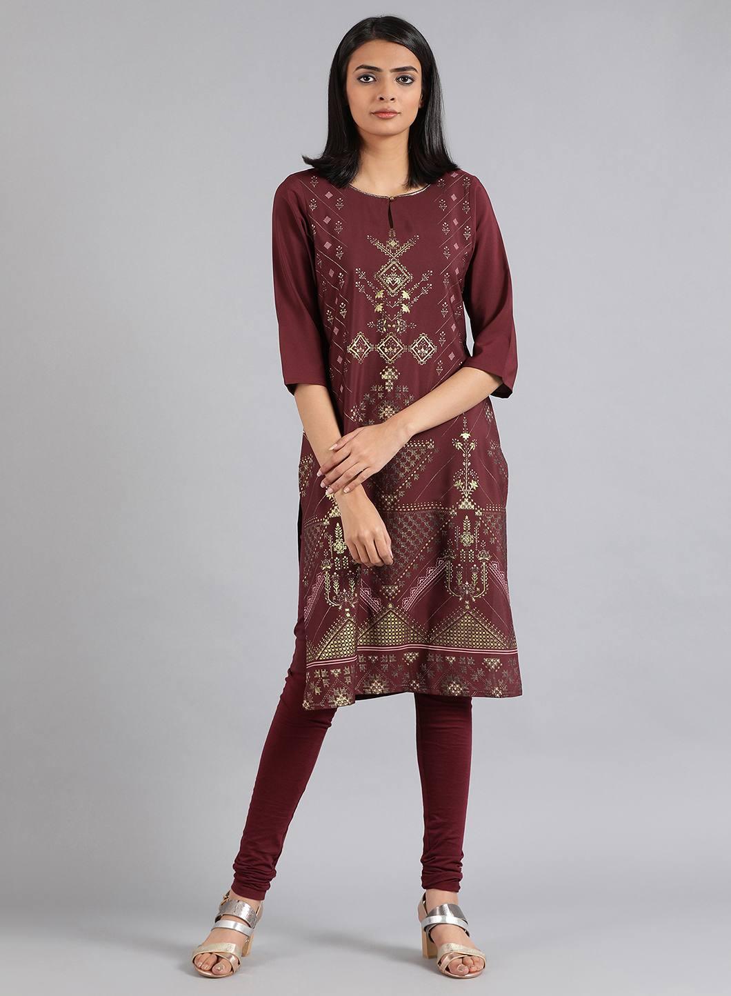 Maroon V-Neck Printed kurta - wforwoman