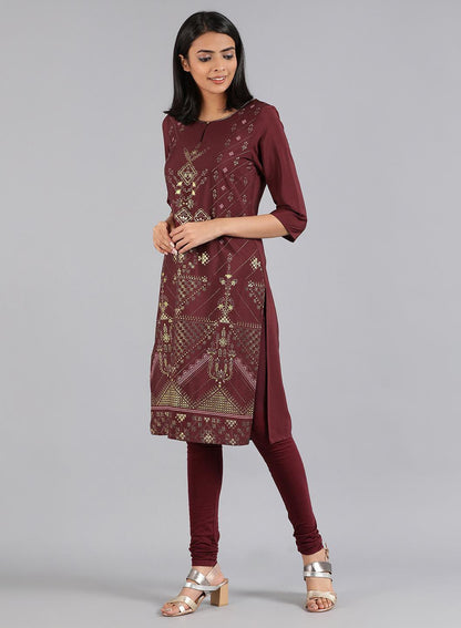 Maroon V-Neck Printed kurta - wforwoman