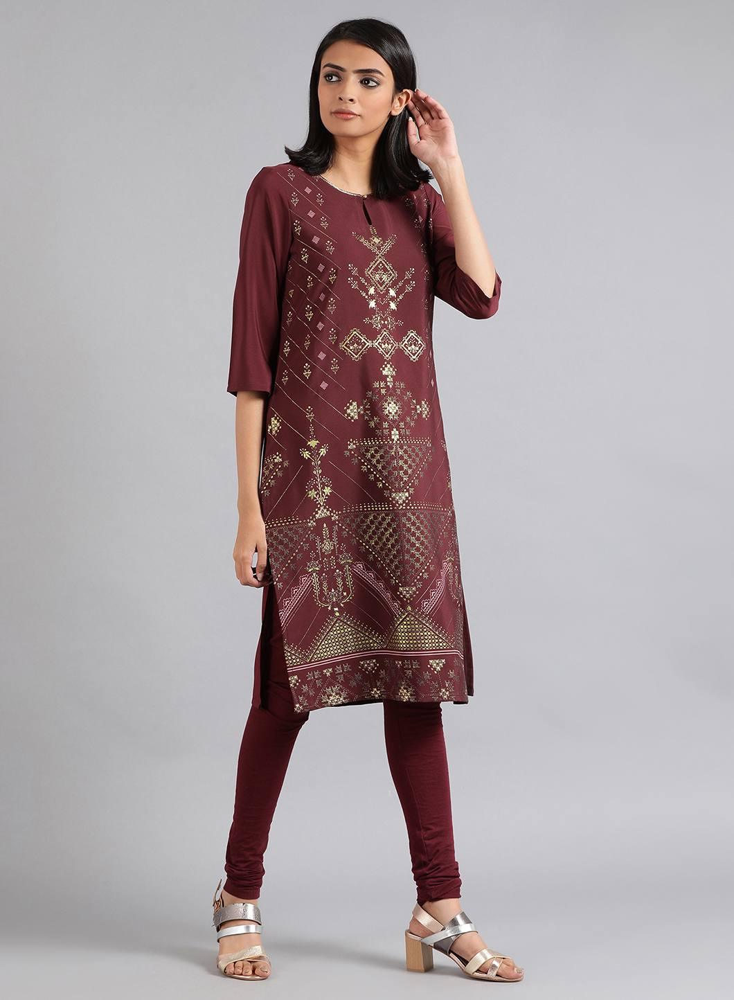 Maroon V-Neck Printed kurta - wforwoman