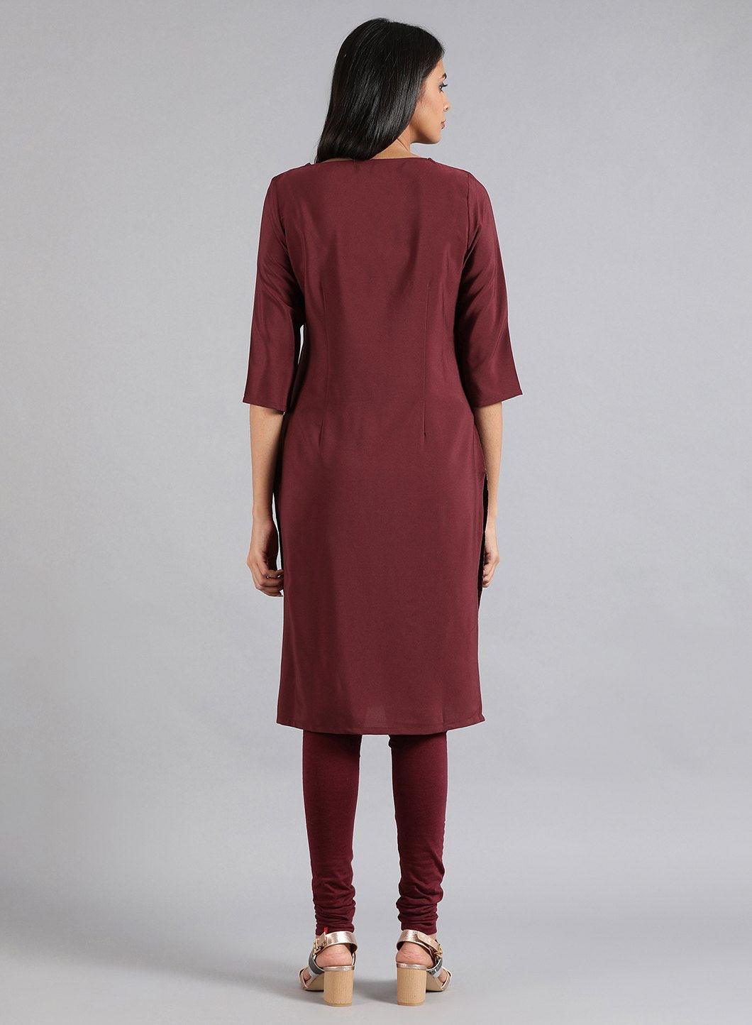 Maroon V-Neck Printed kurta - wforwoman