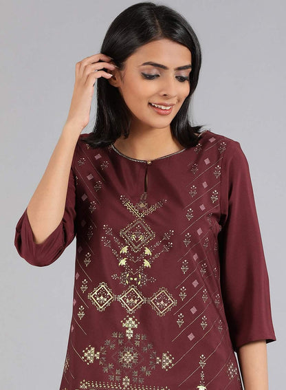 Maroon V-Neck Printed kurta - wforwoman