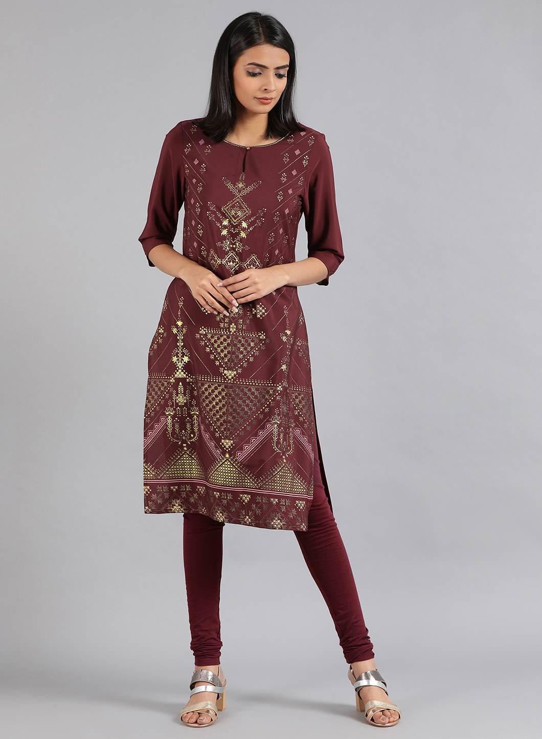 Maroon V-Neck Printed kurta - wforwoman