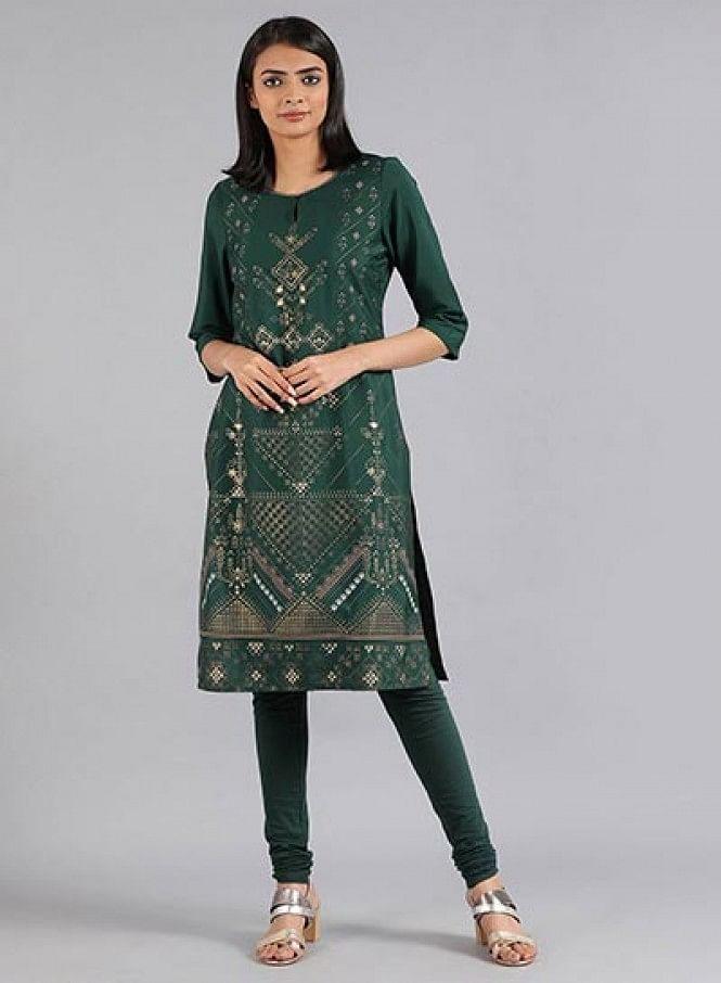 Green Round Neck Printed kurta - wforwoman