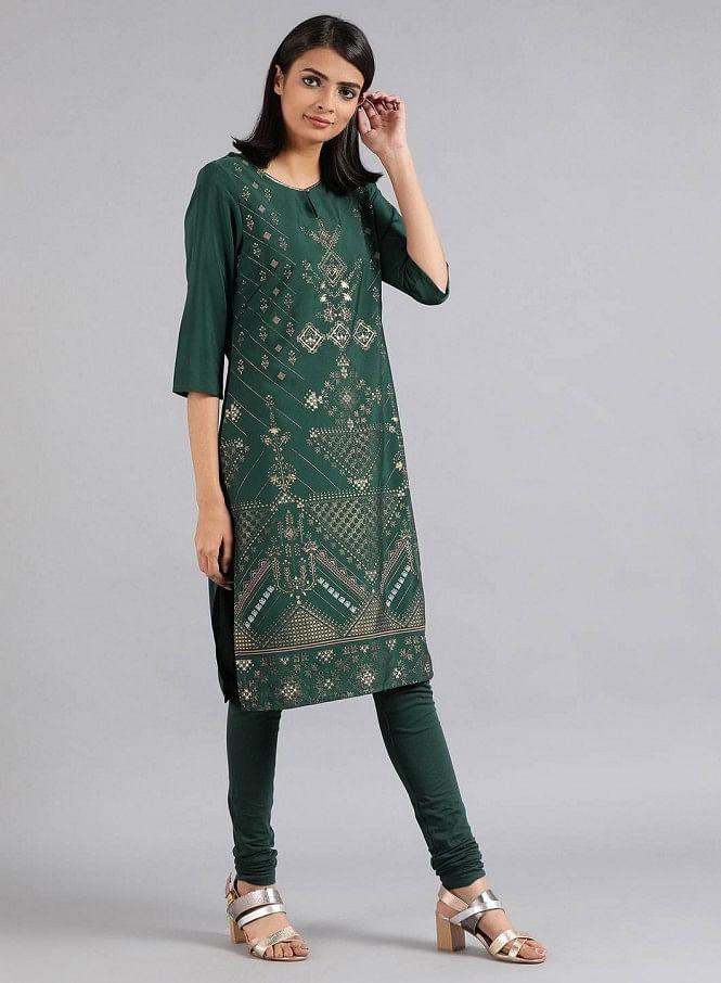 Green Round Neck Printed kurta - wforwoman