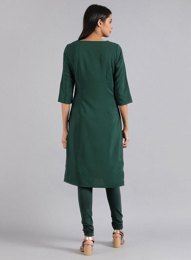 Green Round Neck Printed kurta - wforwoman