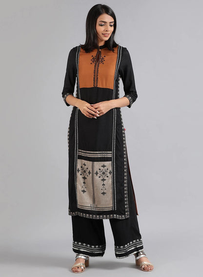 Black Mandarin Neck Dobby kurta - wforwoman