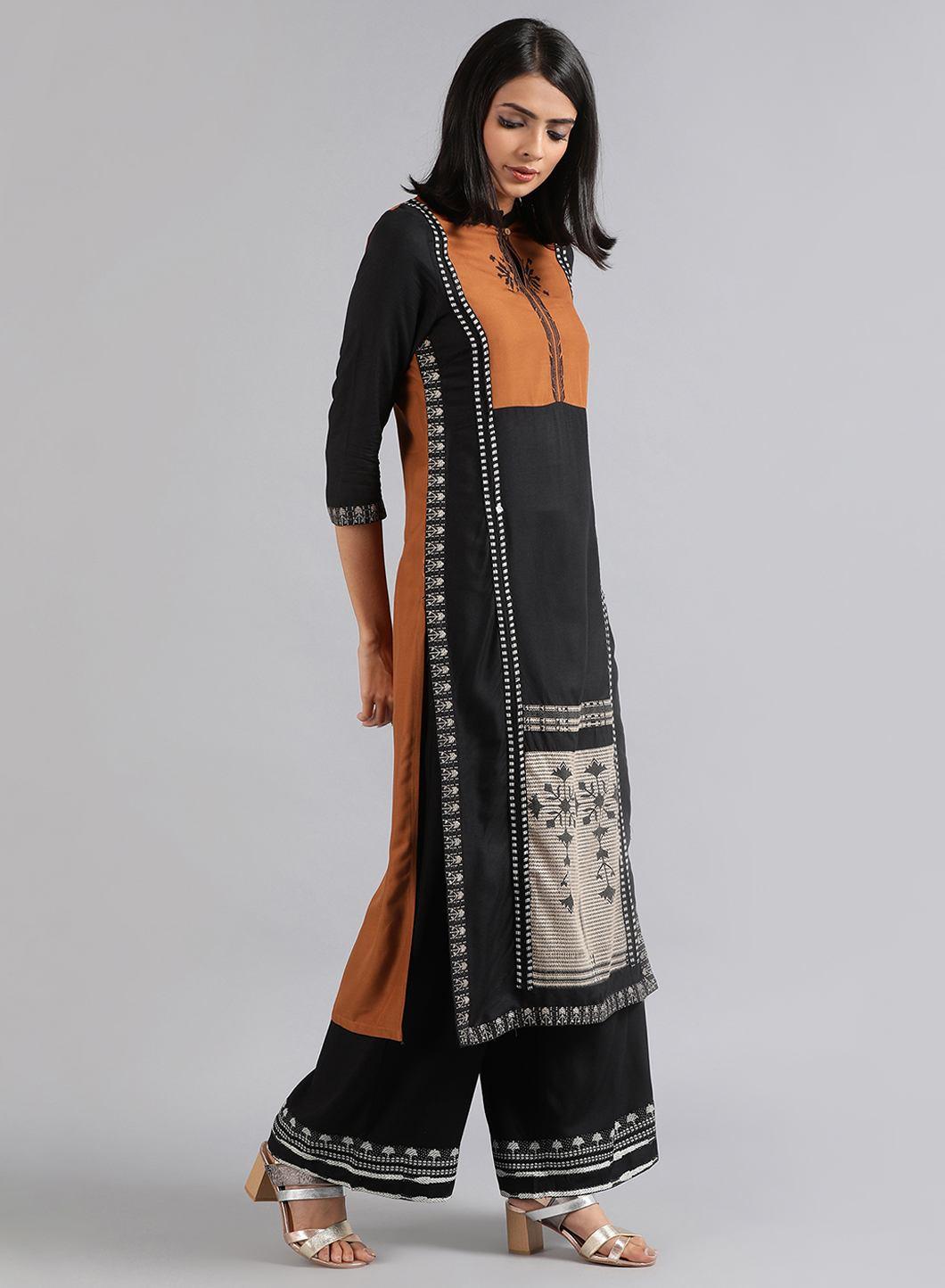 Black Mandarin Neck Dobby kurta - wforwoman