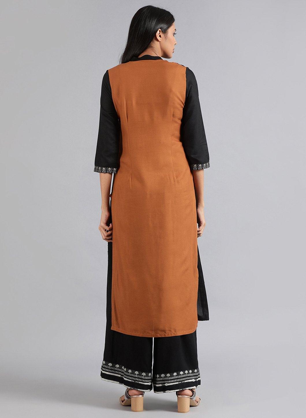 Black Mandarin Neck Dobby kurta - wforwoman