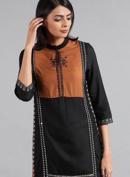 Black Mandarin Neck Dobby kurta - wforwoman