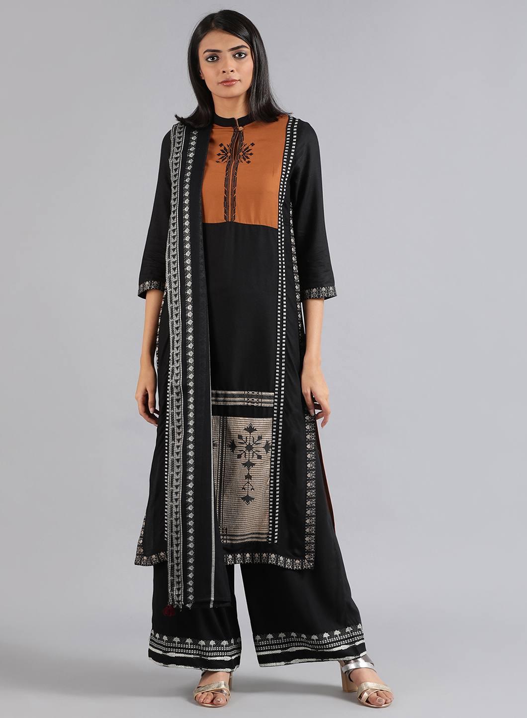 Black Mandarin Neck Dobby kurta - wforwoman