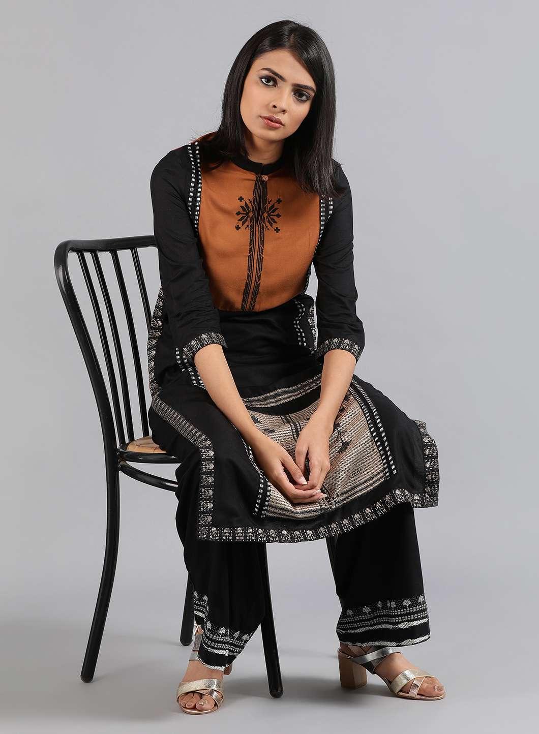 Black Mandarin Neck Dobby kurta - wforwoman