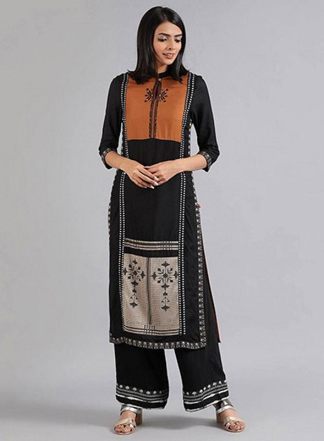 Black Mandarin Neck Dobby kurta - wforwoman