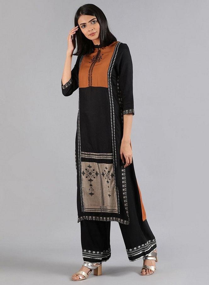 Black Mandarin Neck Dobby kurta - wforwoman