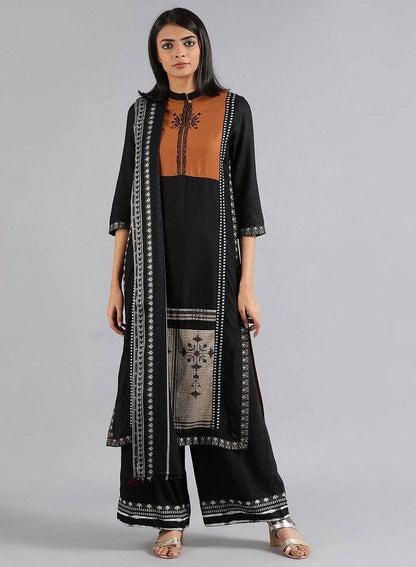 Black Mandarin Neck Dobby kurta - wforwoman