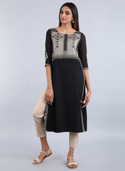 Black Round Neck Printed kurta - wforwoman