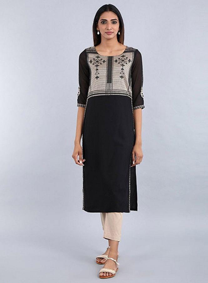 Black Round Neck Printed kurta - wforwoman