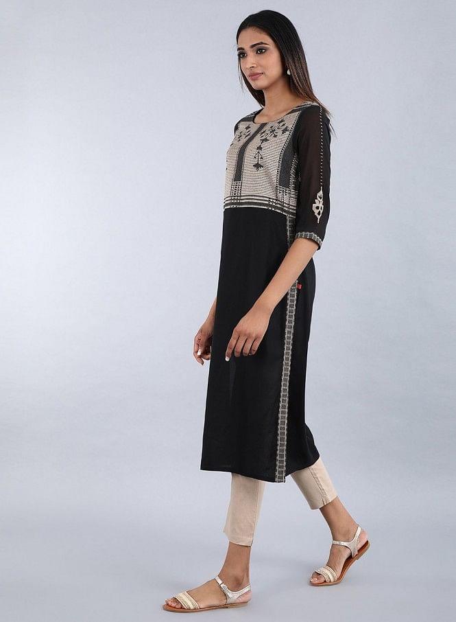 Black Round Neck Printed kurta - wforwoman