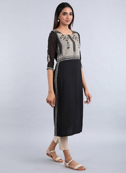 Black Round Neck Printed kurta - wforwoman