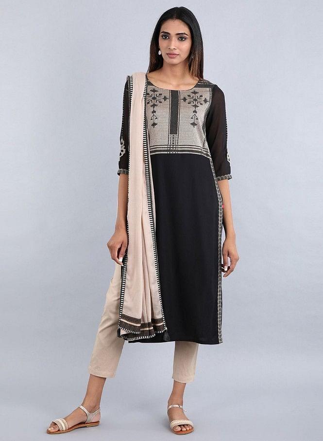 Black Round Neck Printed kurta - wforwoman