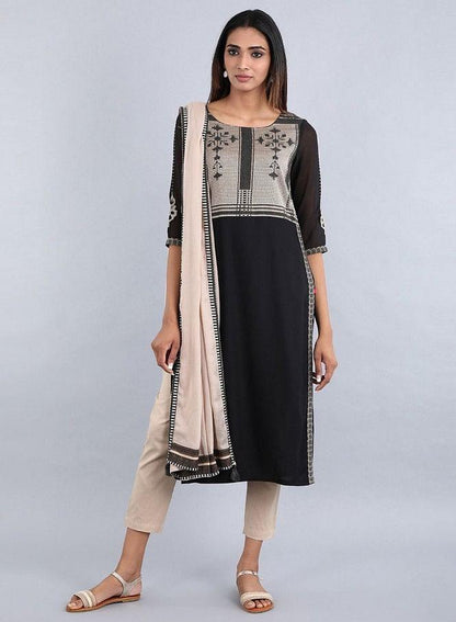 Black Round Neck Printed kurta - wforwoman