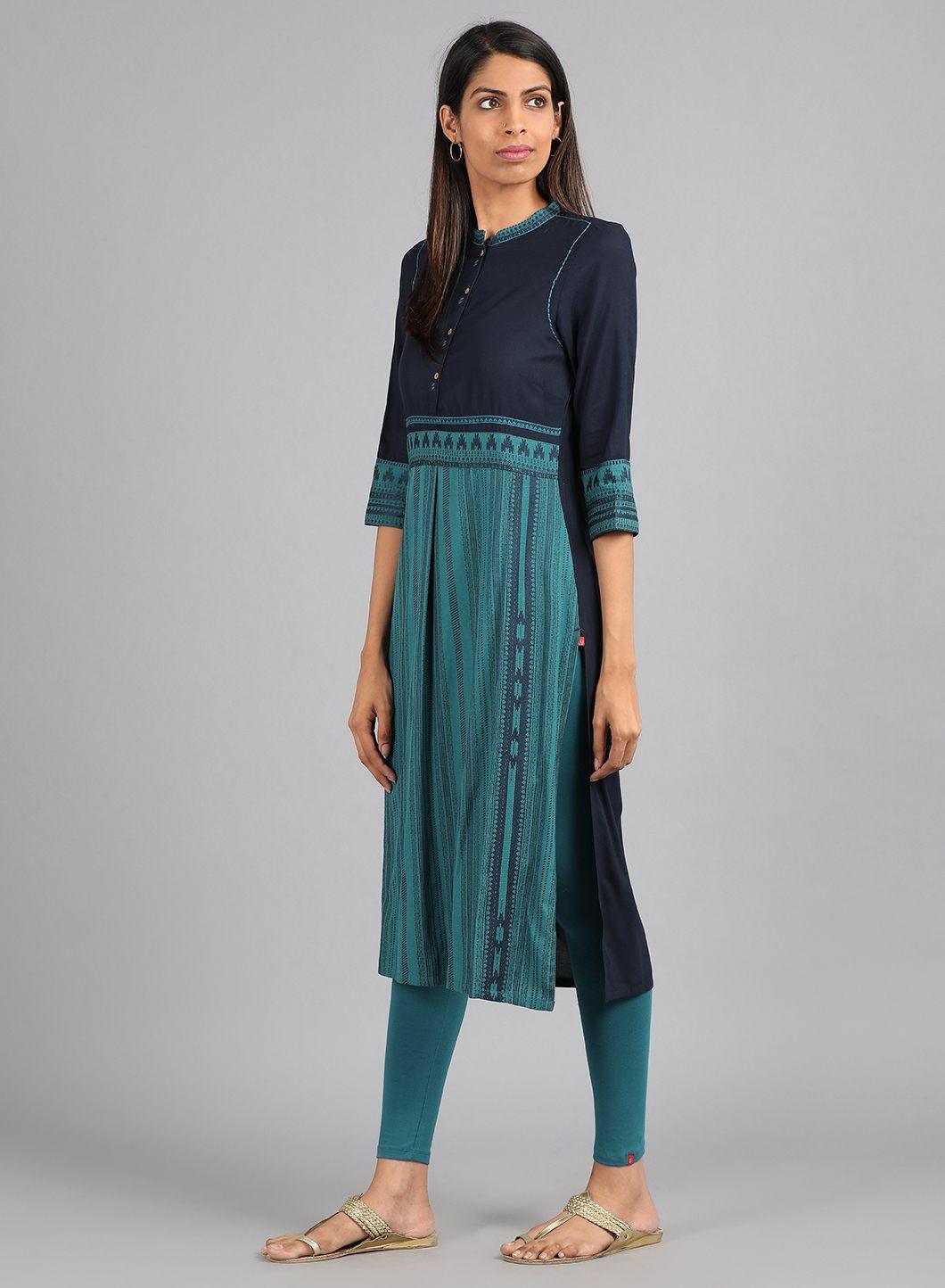 Blue Mandarin Neck Yarn-Dyed kurta - wforwoman