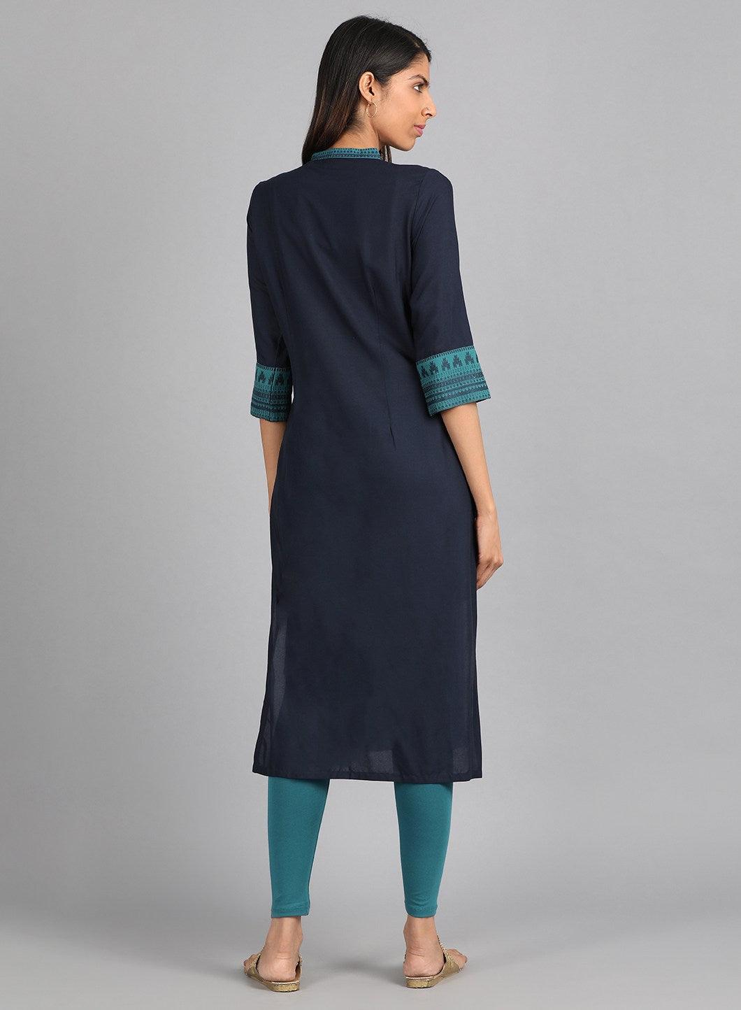 Blue Mandarin Neck Yarn-Dyed kurta - wforwoman