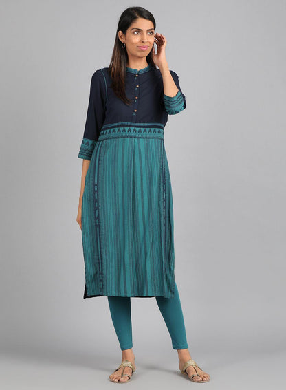 Blue Mandarin Neck Yarn-Dyed kurta - wforwoman