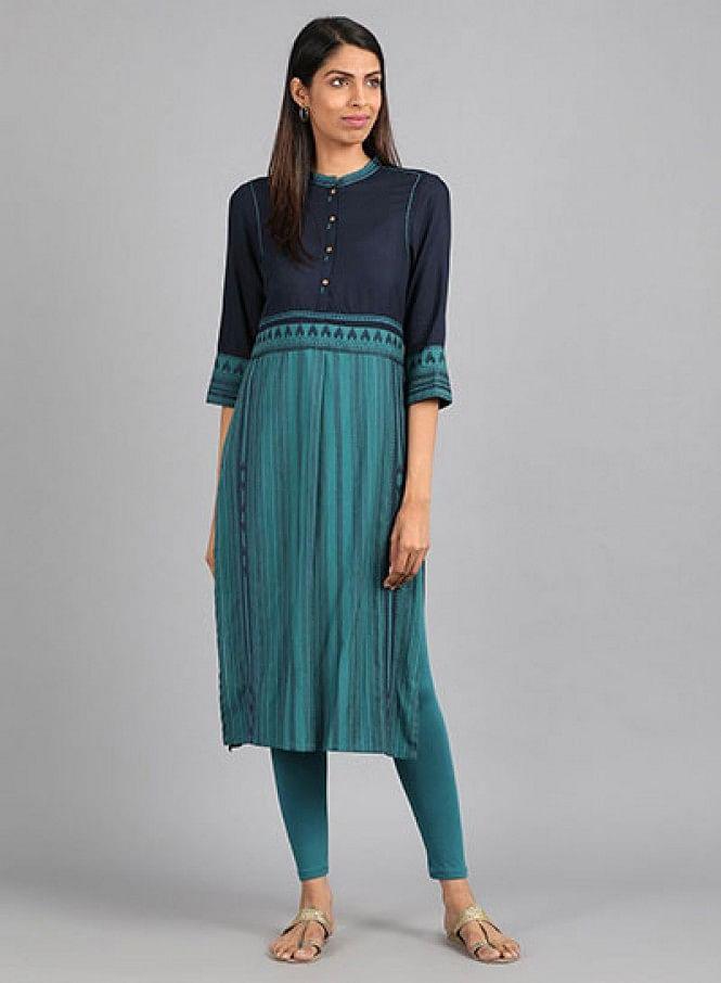 Blue Mandarin Neck Yarn-Dyed kurta - wforwoman