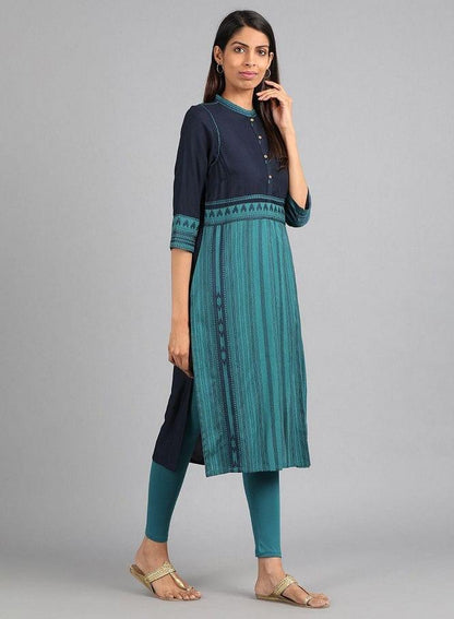 Blue Mandarin Neck Yarn-Dyed kurta - wforwoman