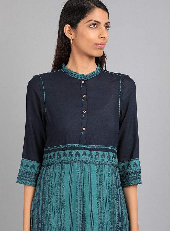 Blue Mandarin Neck Yarn-Dyed kurta - wforwoman