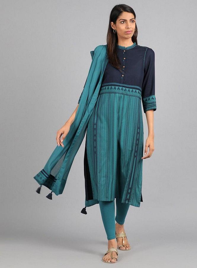 Blue Mandarin Neck Yarn-Dyed kurta - wforwoman