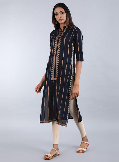 Blue Mandarin Neck Striped kurta - wforwoman