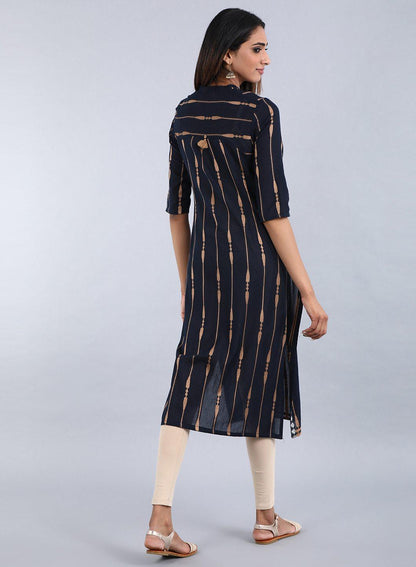 Blue Mandarin Neck Striped kurta - wforwoman