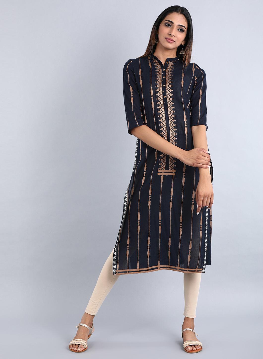 Blue Mandarin Neck Striped kurta - wforwoman