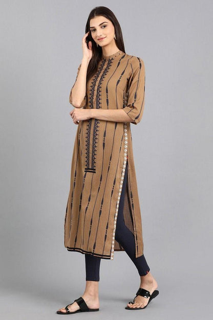 Brown Mandarin Neck Yarn-dyed kurta - wforwoman