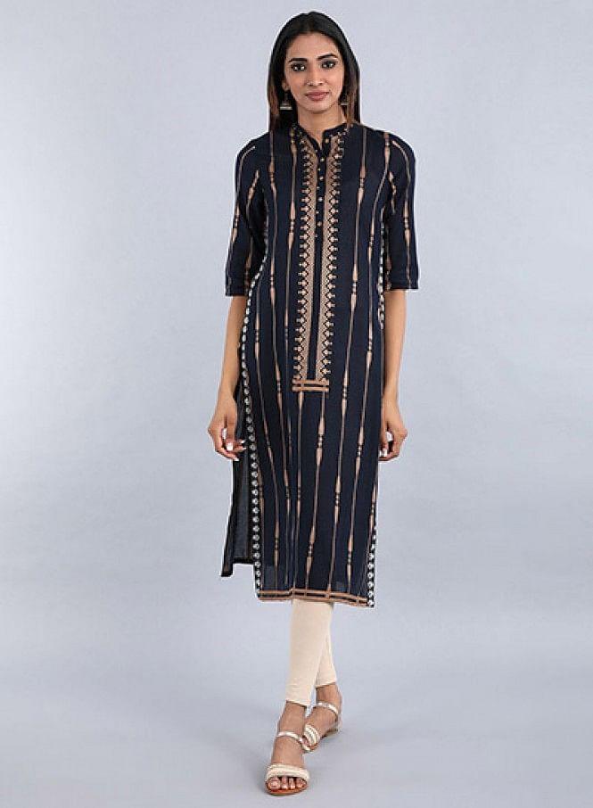 Blue Mandarin Neck Striped kurta - wforwoman