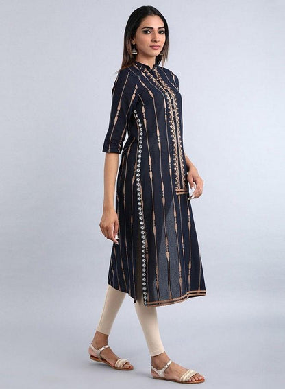 Blue Mandarin Neck Striped kurta - wforwoman