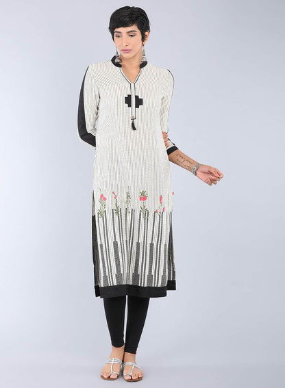 Beige Mandarin Neck Printed kurta - wforwoman