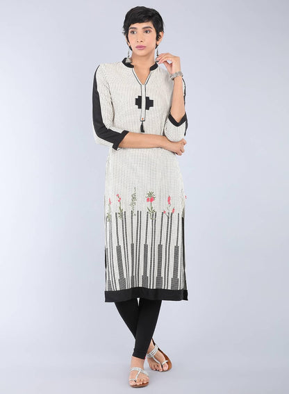 Beige Mandarin Neck Printed kurta - wforwoman