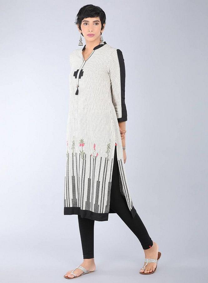 Beige Mandarin Neck Printed kurta - wforwoman